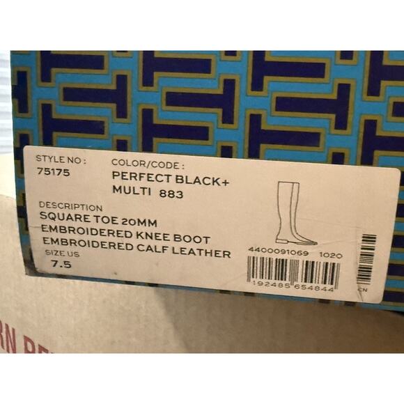 Tory Burch square toe 20MM Knee boot embroidered black leather 7.5 - Picture 12 of 12
